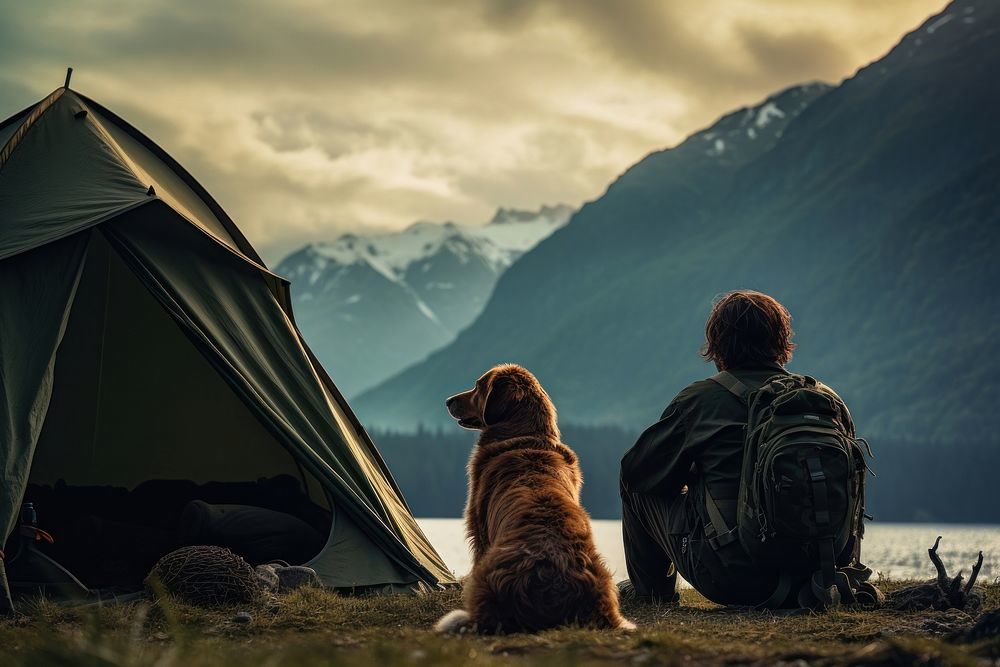 Person and dog entering a backpacking tent on a mountain trail at dusk