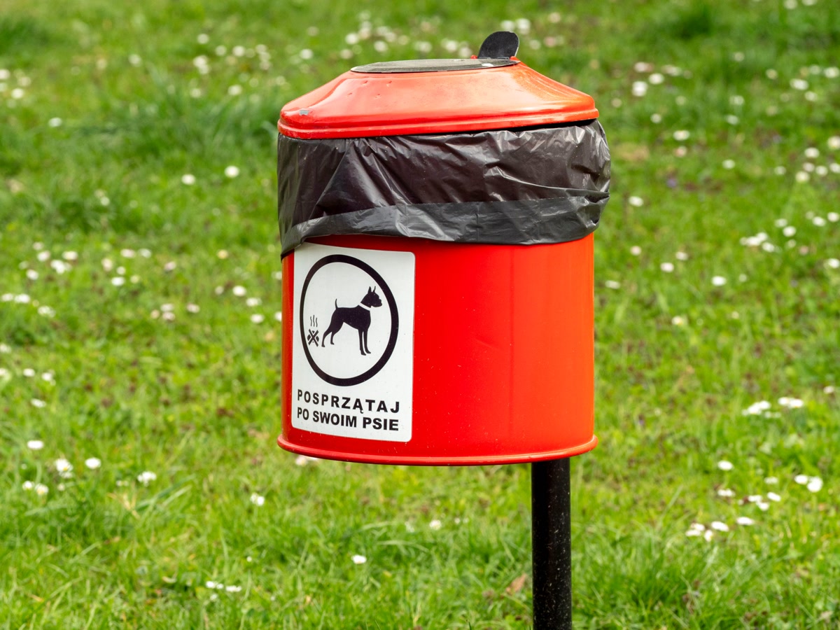A roll of lavender-scented dog poop bags being pulled from a leash dispenser, outdoor trail setting with a dog in the background, natural daylight
