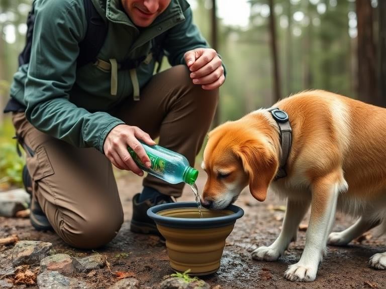 Dog drinking water from a collapsible trail bowl on a forest path, with a water bottle and hiking gear nearby