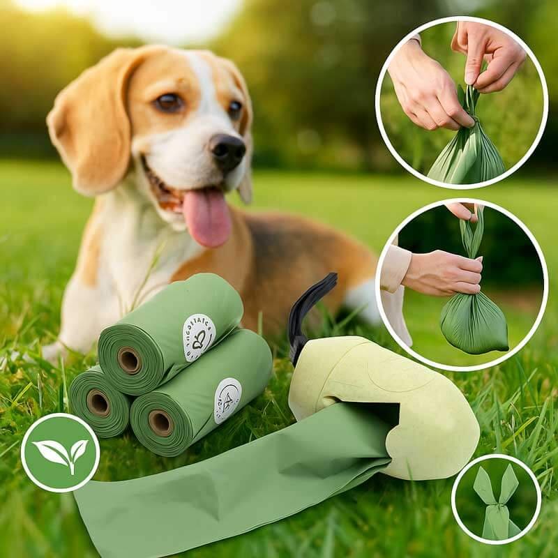 A person using a compostable green dog poop bag on a nature trail, environmentally conscious outdoor setting with trees, the bag visibly plant-based material