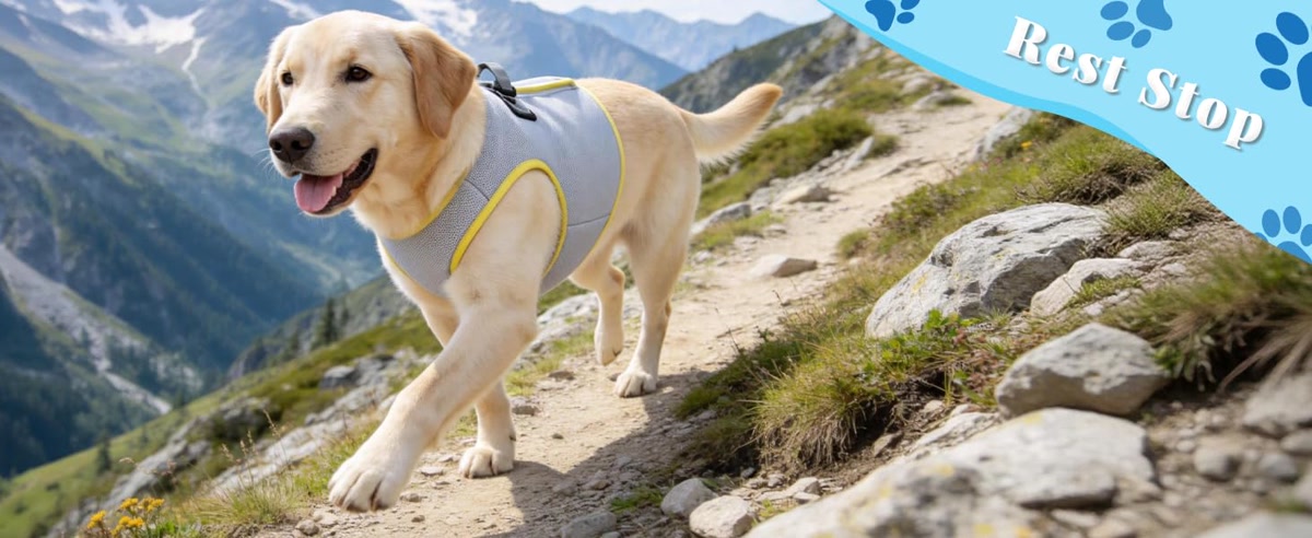 A dog wearing a blue evaporative cooling vest on a sunny hiking trail, the vest visibly moist from soaking, outdoor adventure setting with mountains in the background