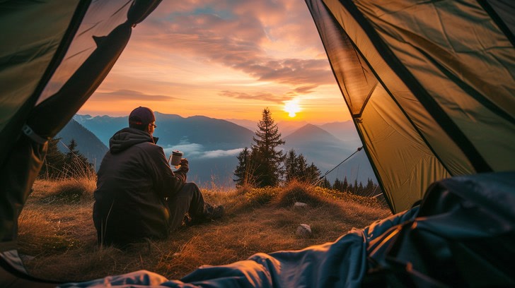 Photograph of a camper sitting up in a tent at sunrise, stretching with a satisfied expression, a camping pillow behind them and a sleeping bag around their waist