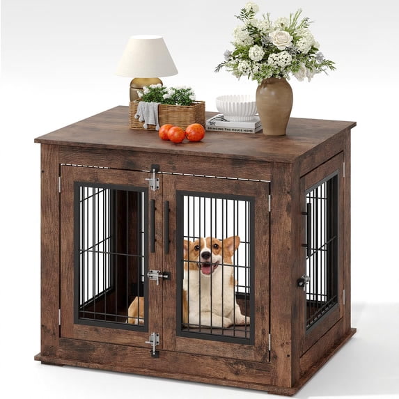 An elegant wooden dog crate that doubles as a living room end table, with a small dog resting inside and a lamp and book on top, warm home interior