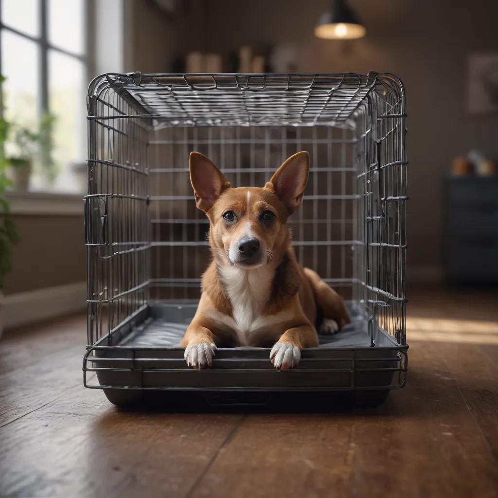 A puppy being coaxed into a wire crate with treats scattered inside, patient owner kneeling nearby in a bright room