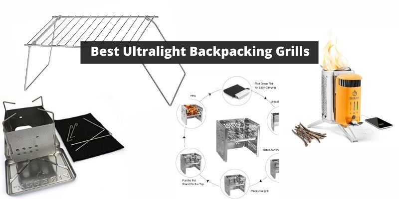 Portable camp grill packed up next to a backpack at a trailhead