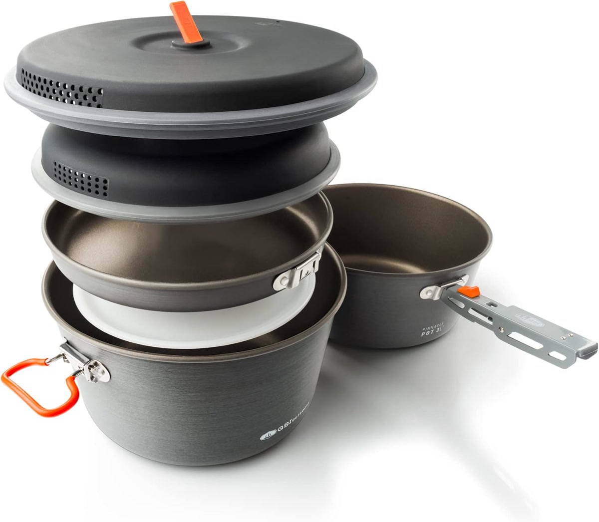 GSI Outdoors Pinnacle Camper nesting cookset with pots, plates, and cups