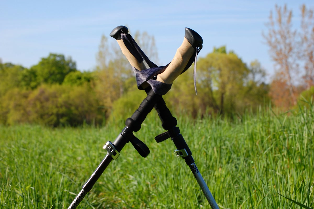 Hiker using trekking poles on a mountain trail with scenic valley views