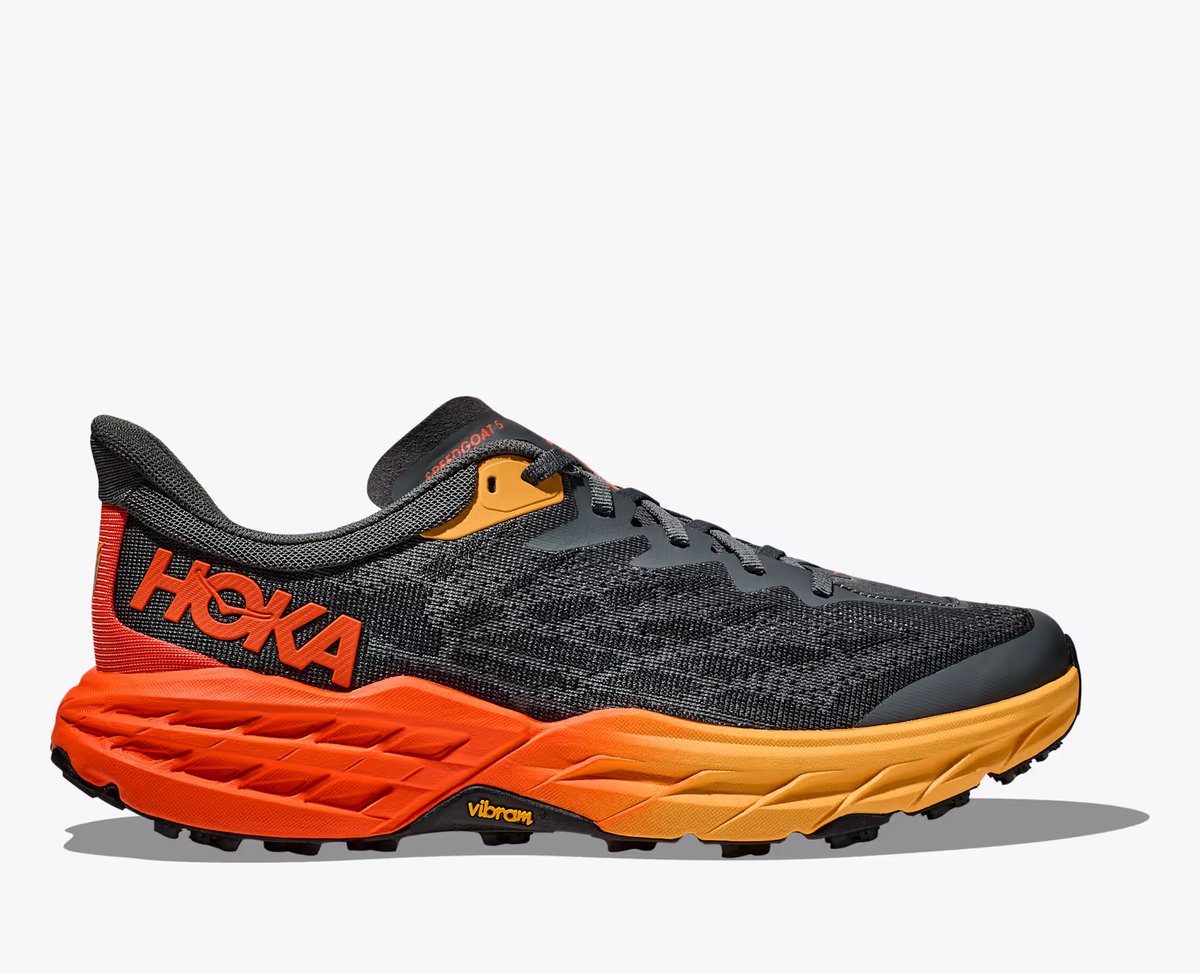 Hoka Speedgoat 5 maximalist trail runner with thick cushioning and Vibram outsole
