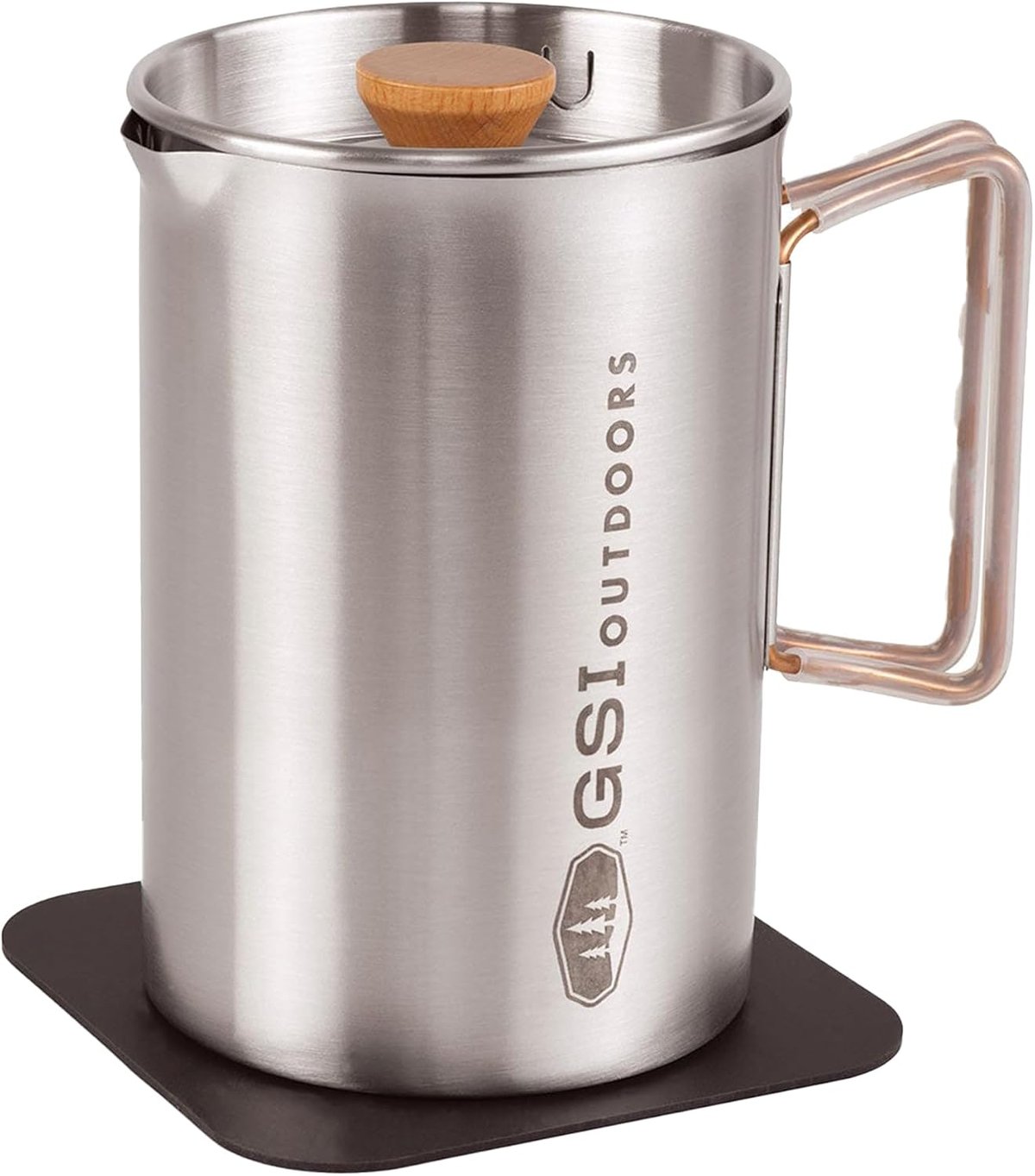 Stainless steel camp percolator pot on a camp stove surrounded by mugs and camping gear