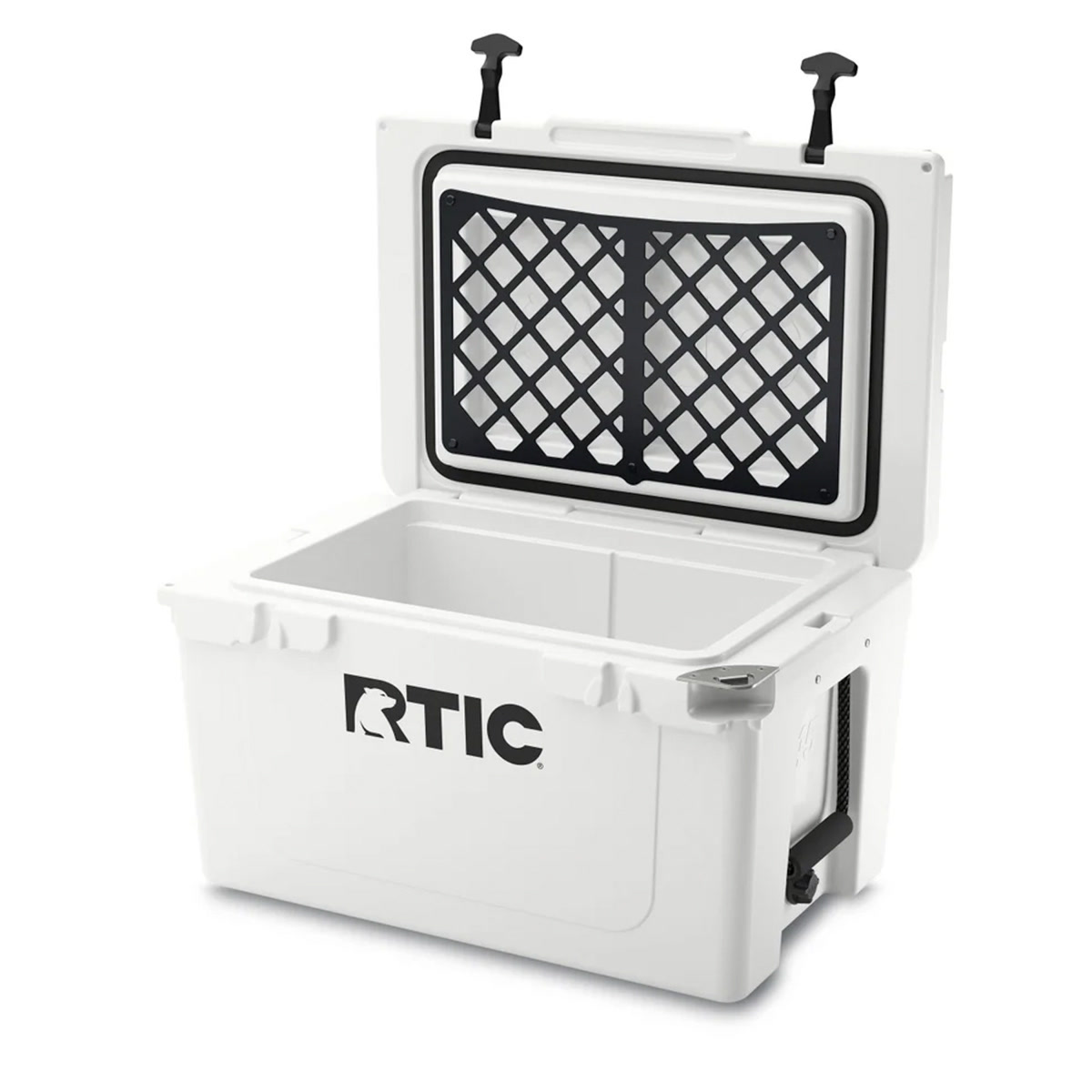 RTIC 45 quart hard cooler in dark grey sitting on a picnic table at a wooded campsite