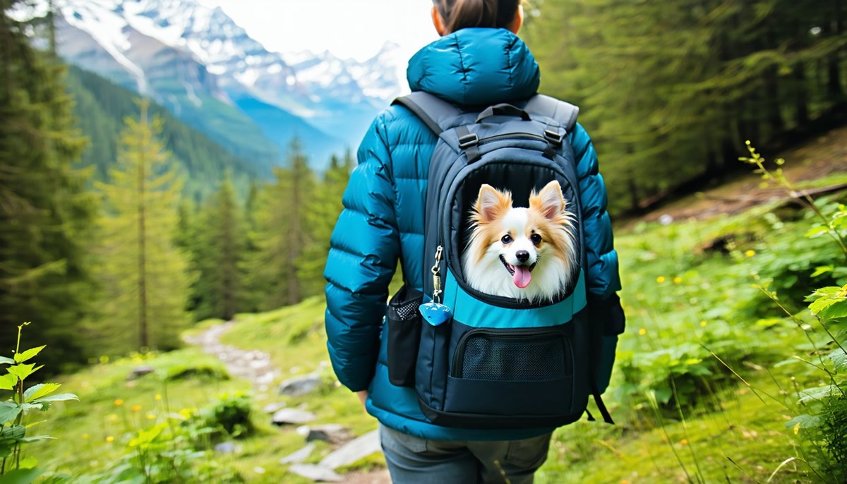 Dog wearing a small hiking backpack being fitted by owner