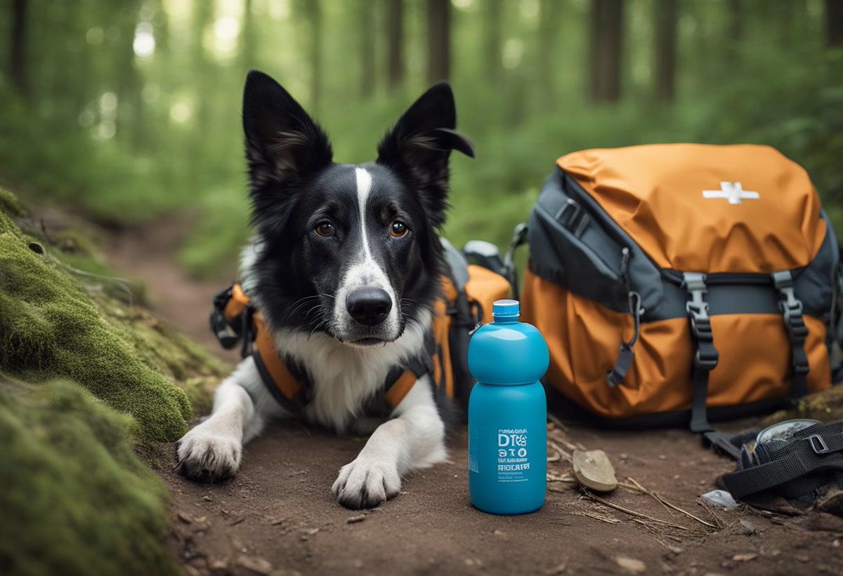 Dog carrying a backpack with water bottles on a hiking trail