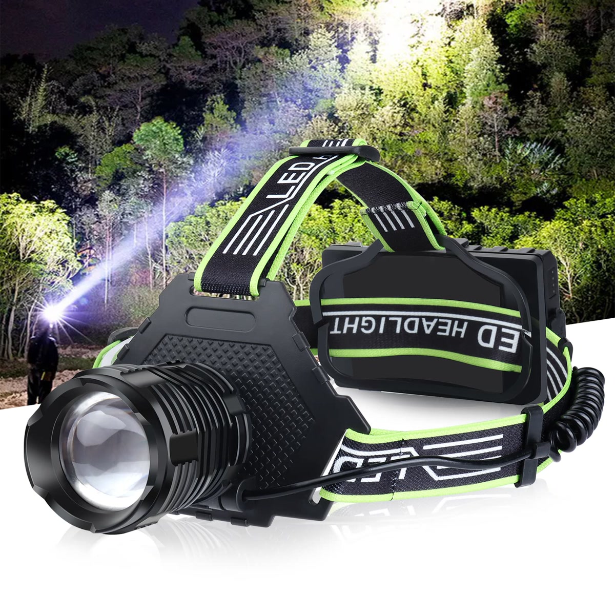 Hiker using a headlamp on a dark forest trail at dusk