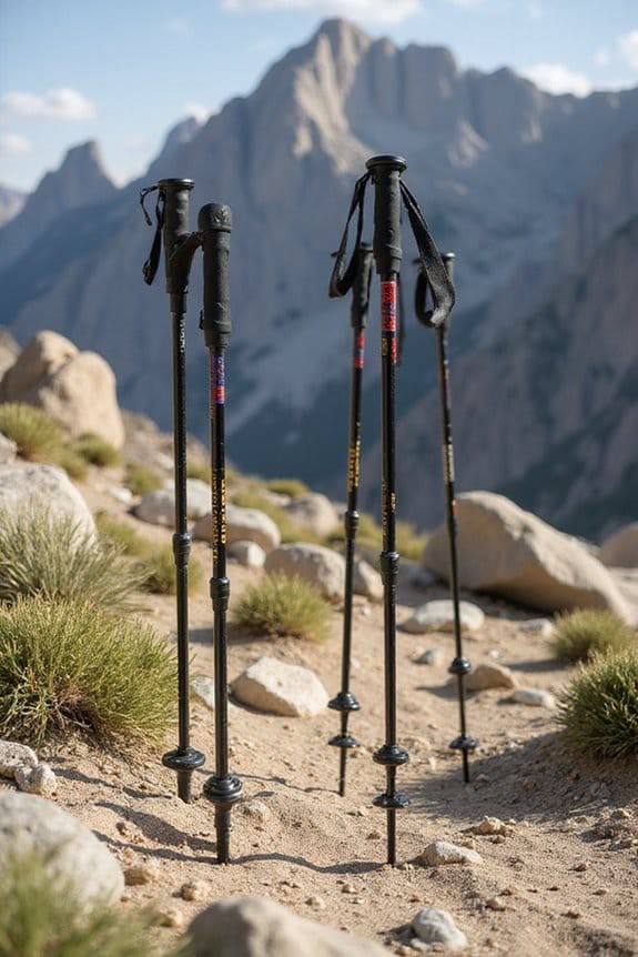 Camping setup with trekking poles holding up a shelter near a mountain lake