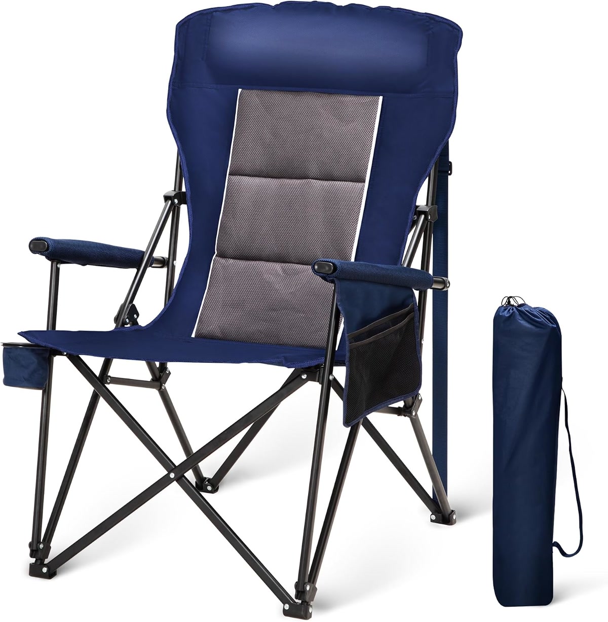 Camp chair at a campsite next to a warm campfire at dusk