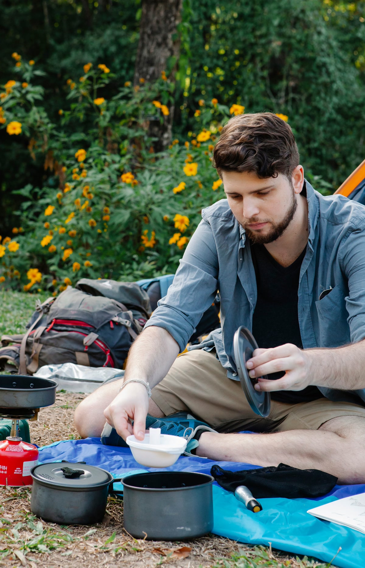 Jetboil integrated cooking system boiling water at a mountain campsite