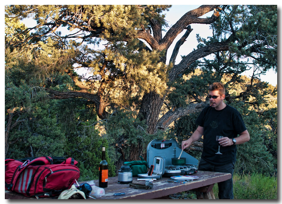 Two-burner camp stove cooking breakfast at a forest campsite