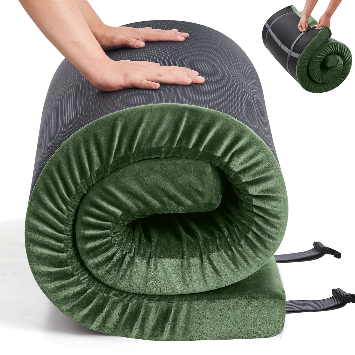 Thick self-inflating sleeping pad set up inside a spacious family camping tent