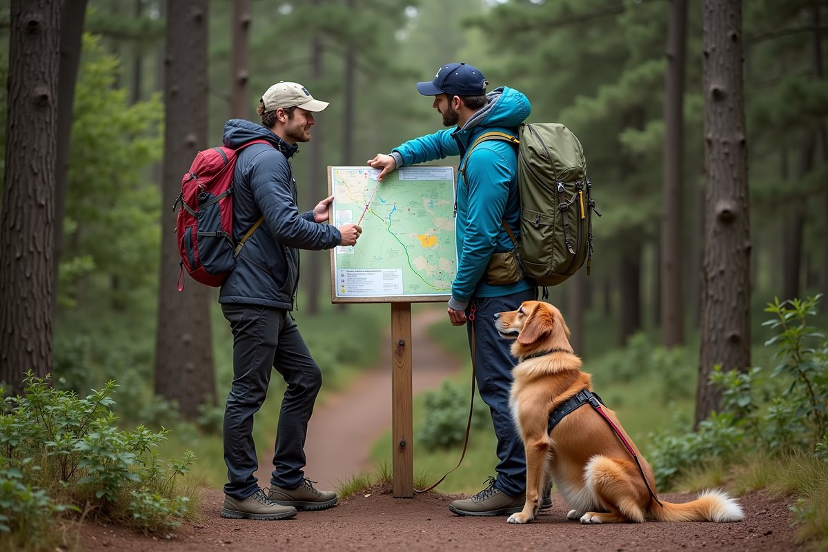 Dog owner checking trail map at trailhead with dog on leash