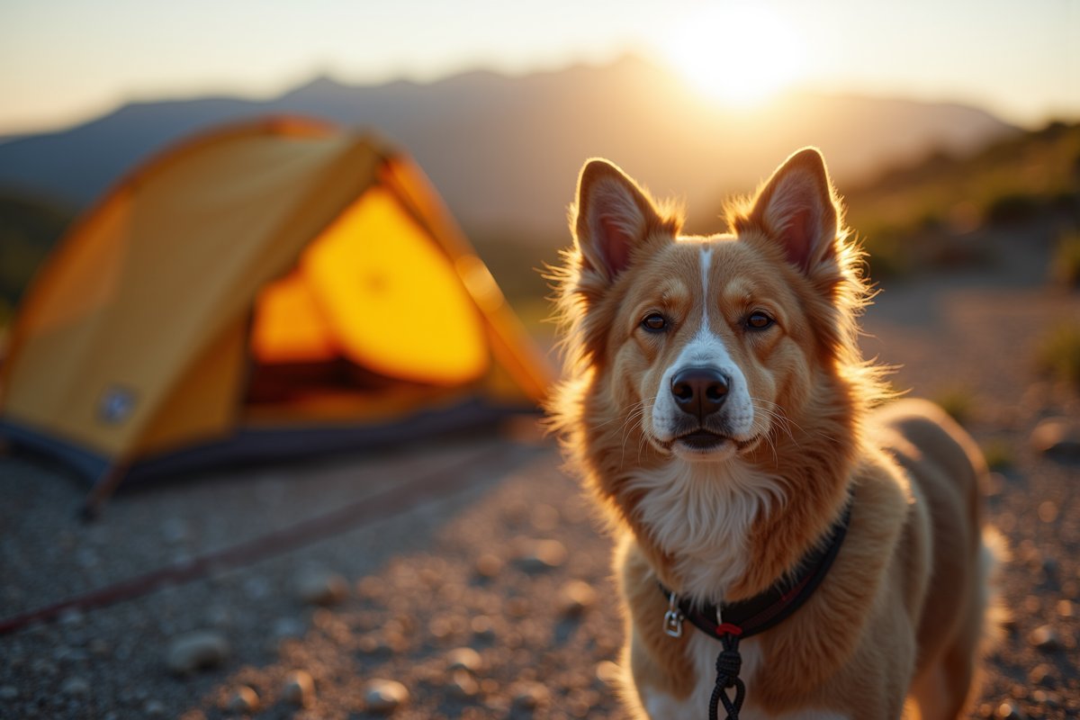Dog tied out at campsite on durable ground with tent in background