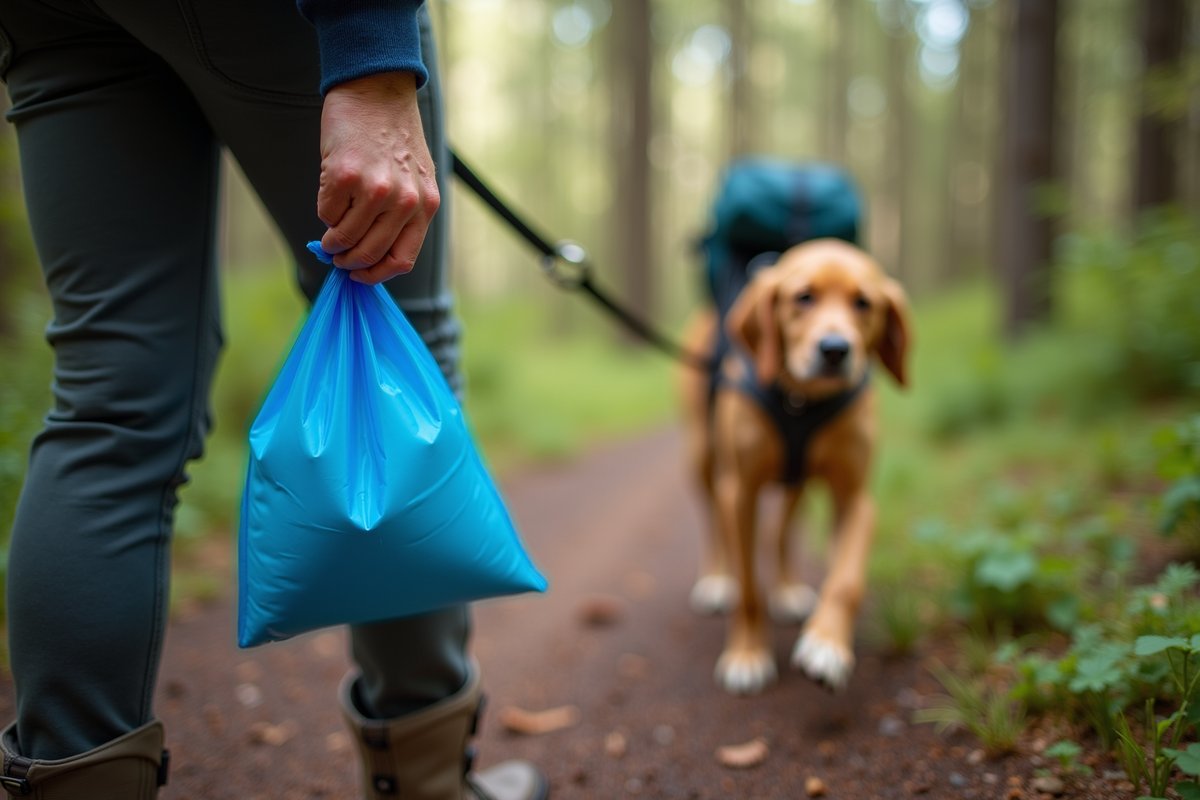 Dog owner picking up waste with poop bag on hiking trail