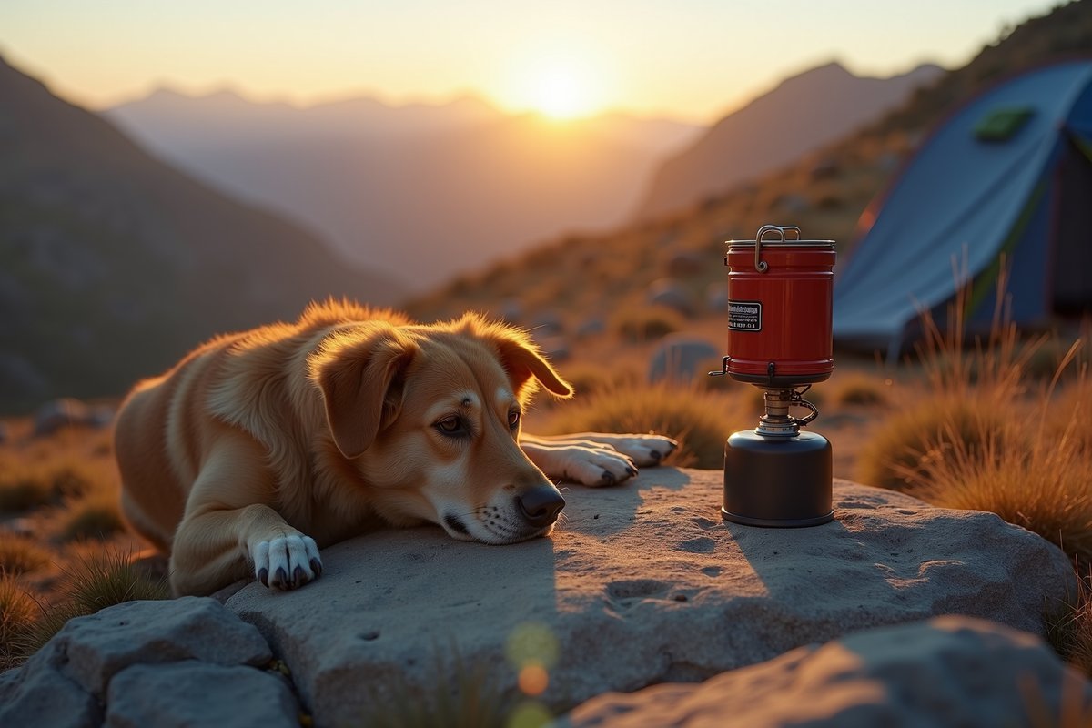 Dog resting calmly at campsite near backpacking stove, away from fire ring