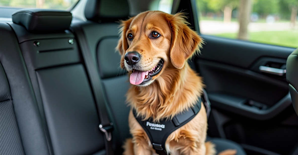 Dog wearing car safety harness for crash protection