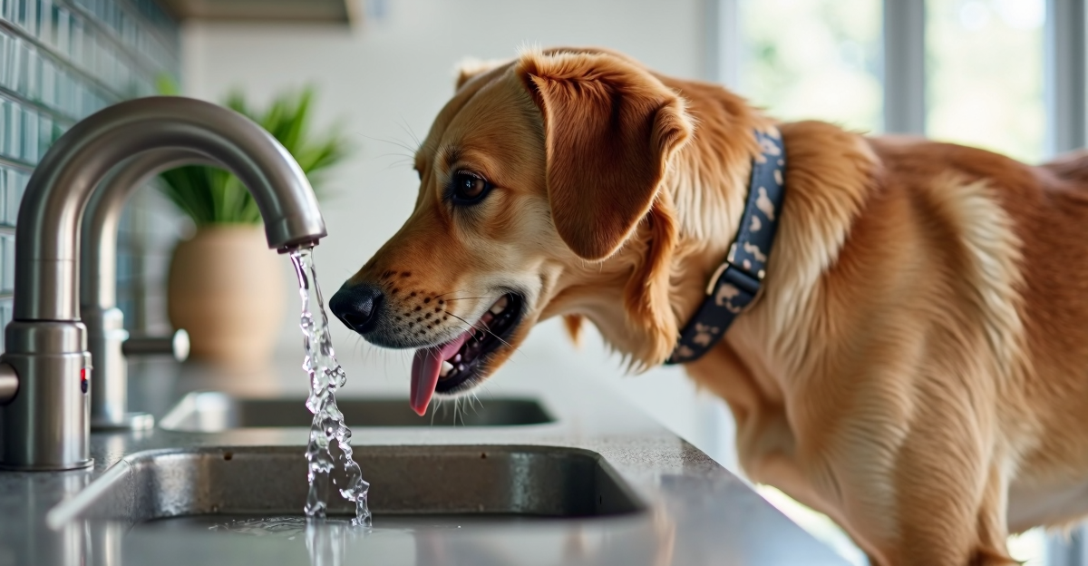Dog drinking from a clean water fountain