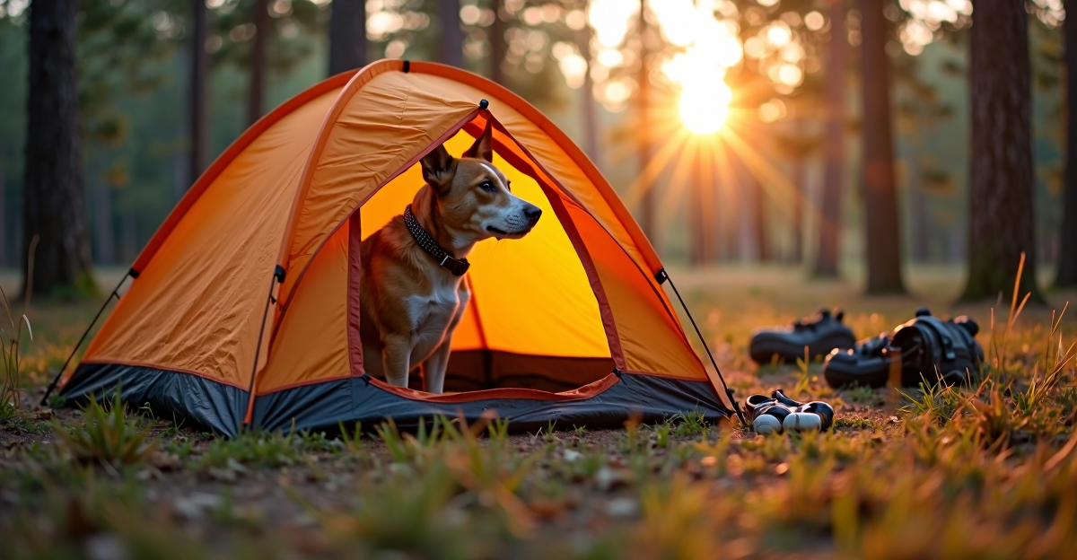 Dog resting inside a camping tent shelter