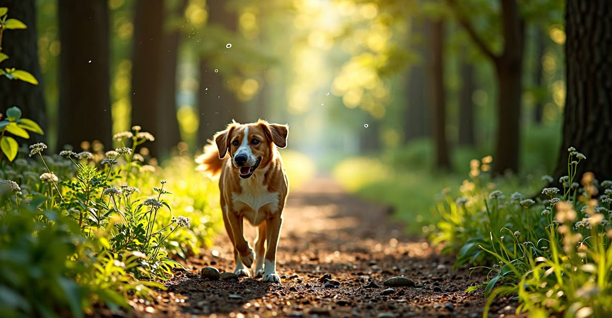 Dog on a wooded trail with insect protection