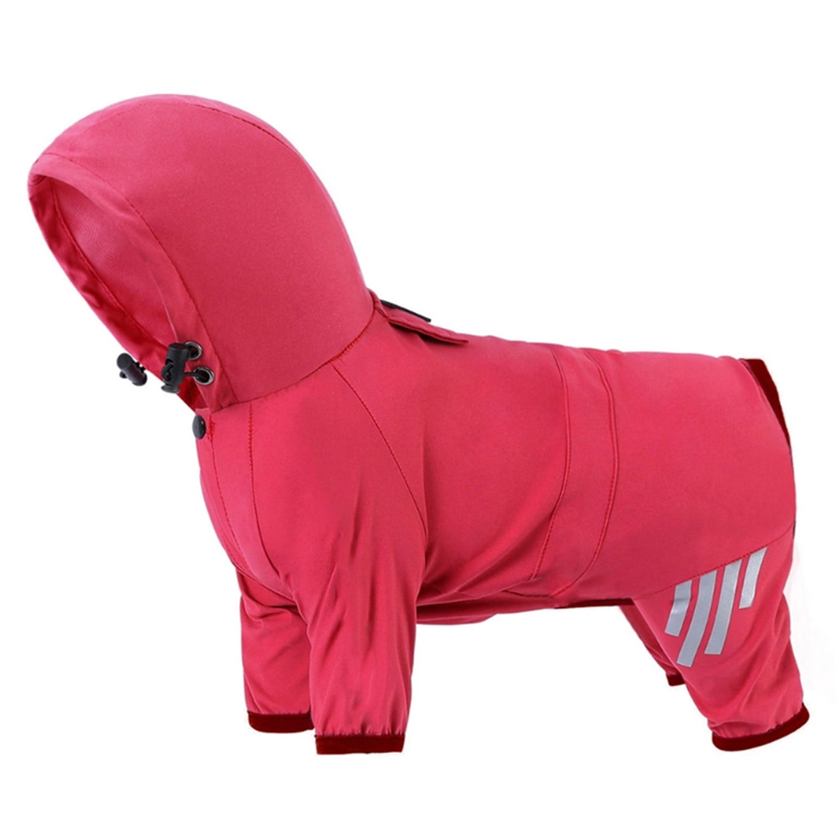 Dog wearing a waterproof hiking raincoat with four-leg coverage