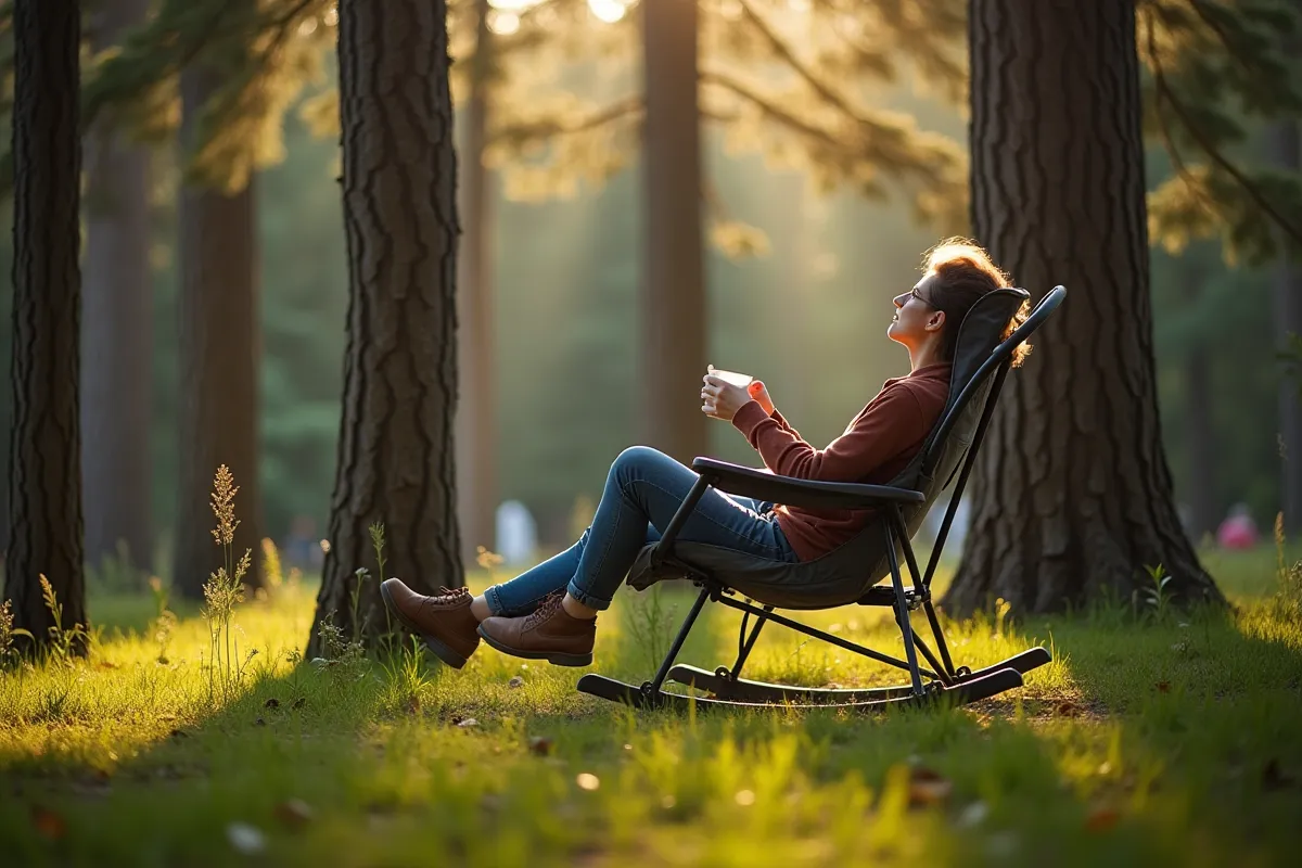 Rocking camping chair on a grassy campsite under pine trees