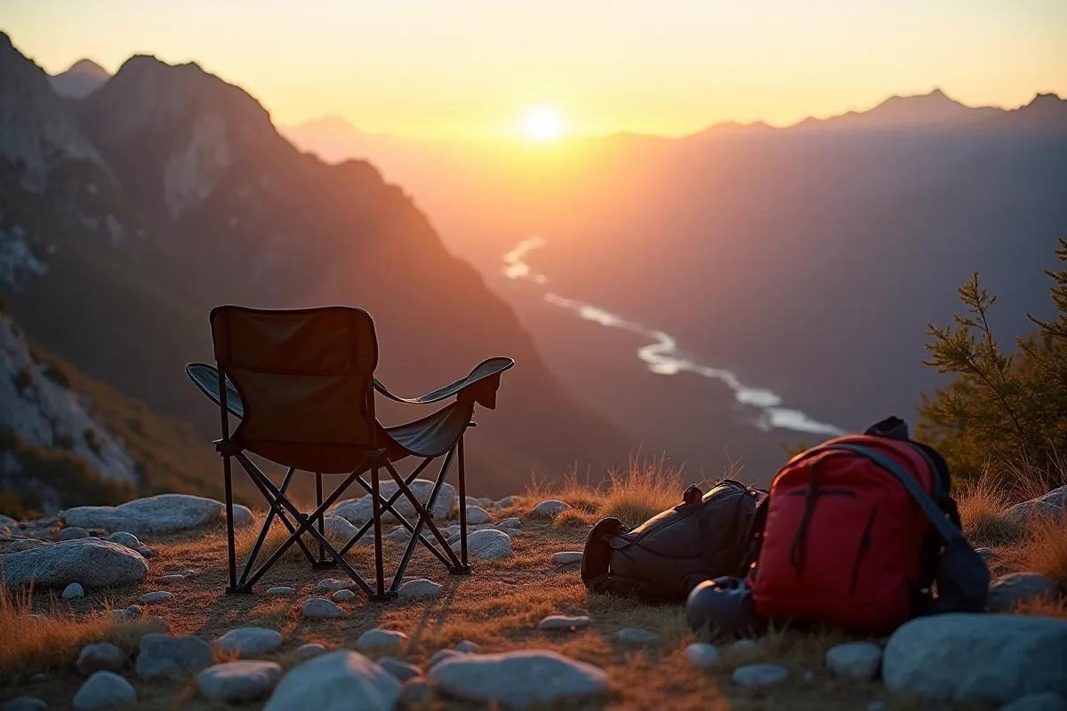 Ultralight camping chair on a rocky mountain overlook