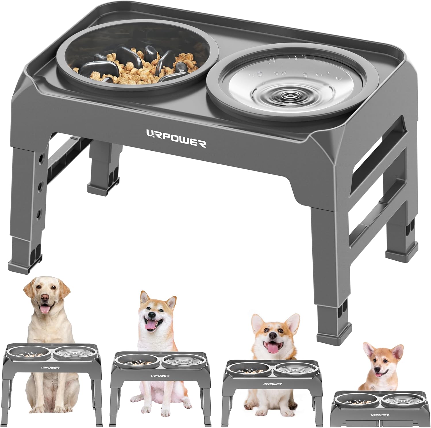 URPOWER 2-in-1 elevated slow feeder dog bowl with no-spill water bowl