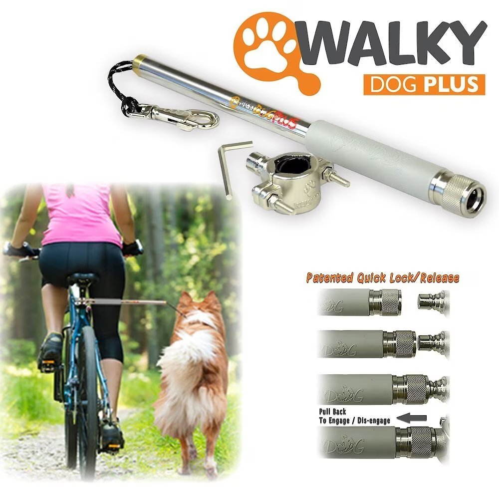 WalkyDog Plus bike leash mounted on bicycle seat post with spring-loaded arm