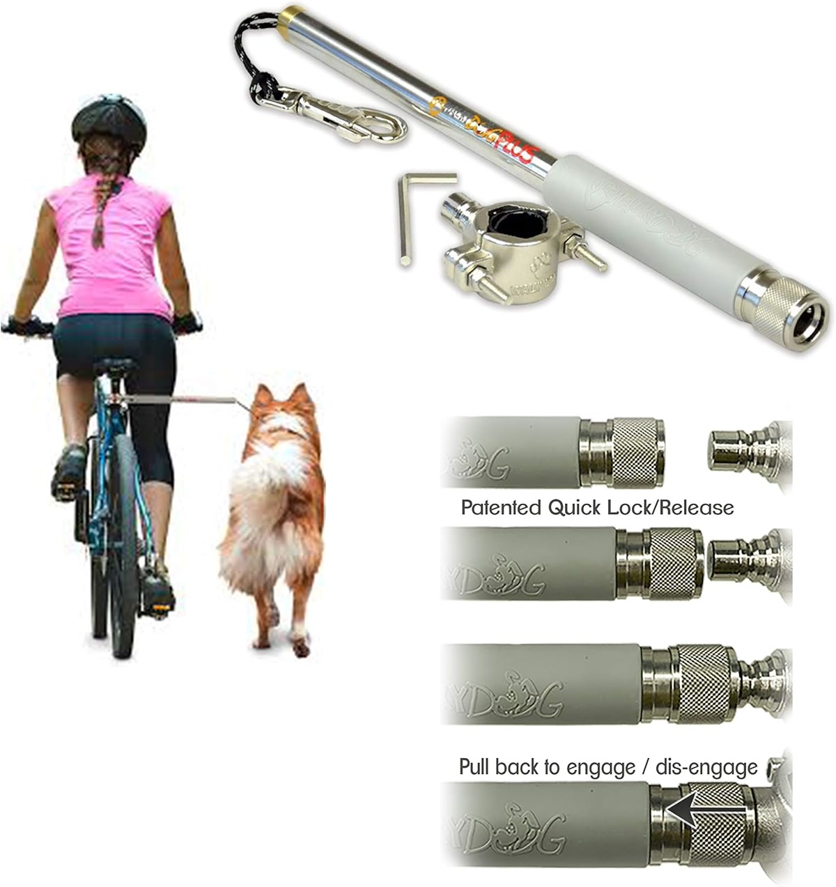 WalkyDog Plus bike leash mounted on bicycle seat post with spring-loaded arm