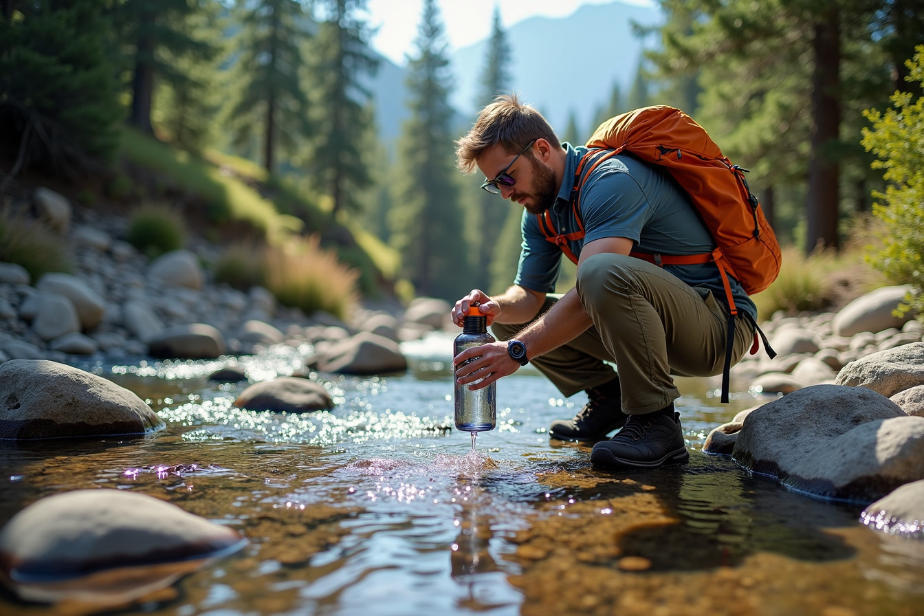 Backpacker filling water bottle from a clear mountain stream with a squeeze filter
