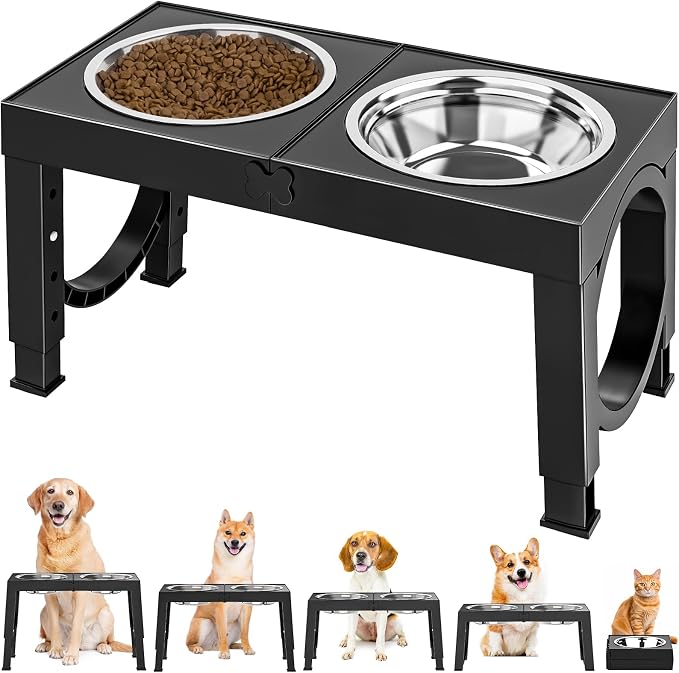 XIAZ adjustable elevated dog bowl stand with 5 height settings and stainless steel bowls