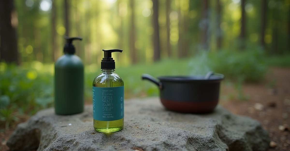 Biodegradable camp soap bottle on a rock at a campsite with cooking pot nearby