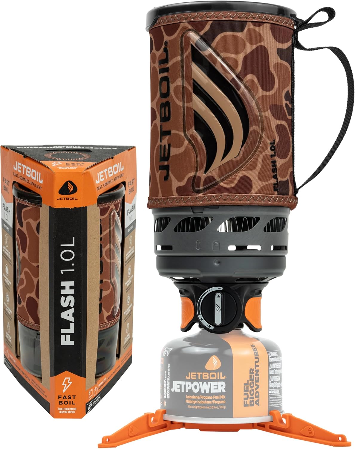 Jetboil Flash with steam rising on a log at a backpacker camp
