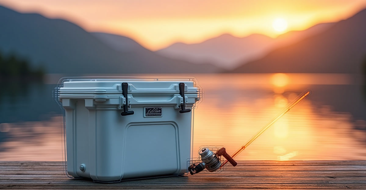 Rotomolded camping cooler on a wooden dock by a lake at sunset with mountains in background