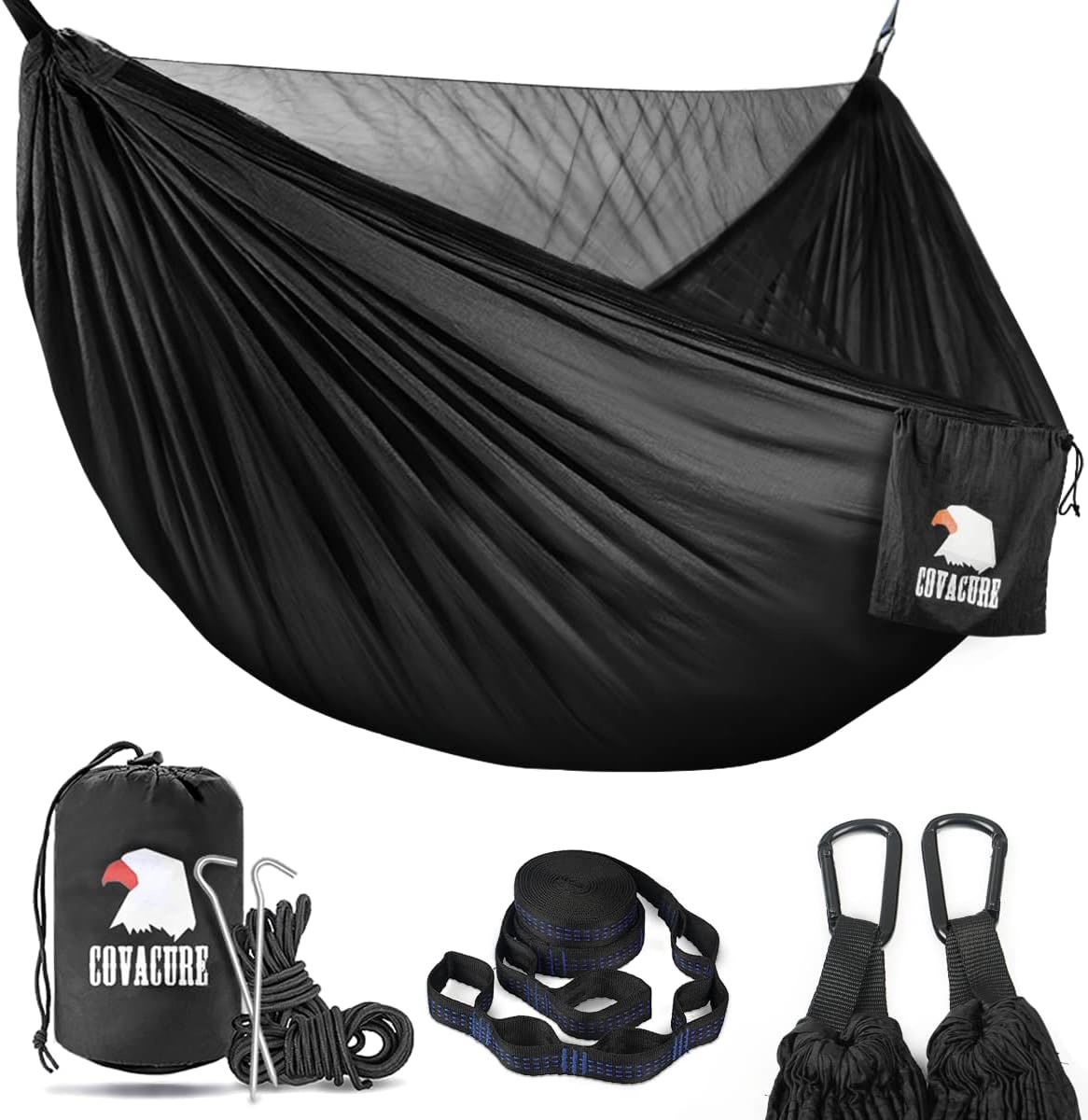 Covacure double camping hammock with integrated mosquito net and tree straps