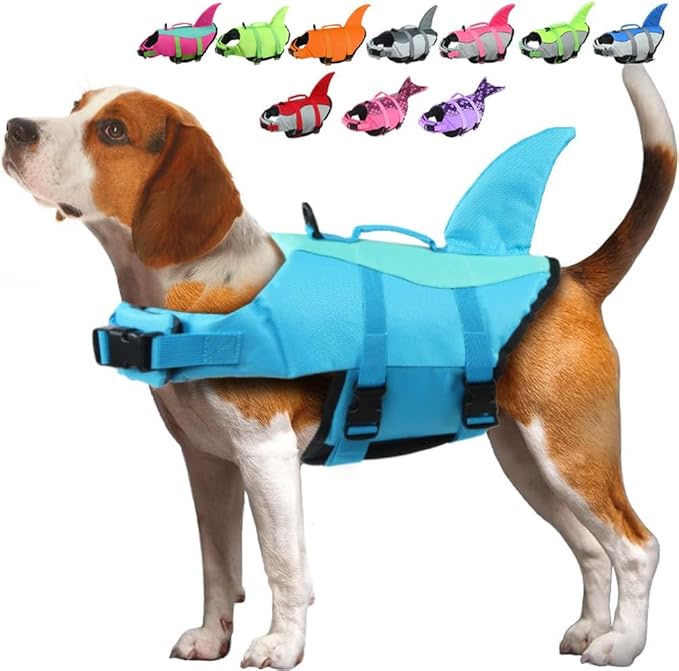 EMUST dog life vest with high buoyancy foam panels and rescue handle in orange for swimming and boating