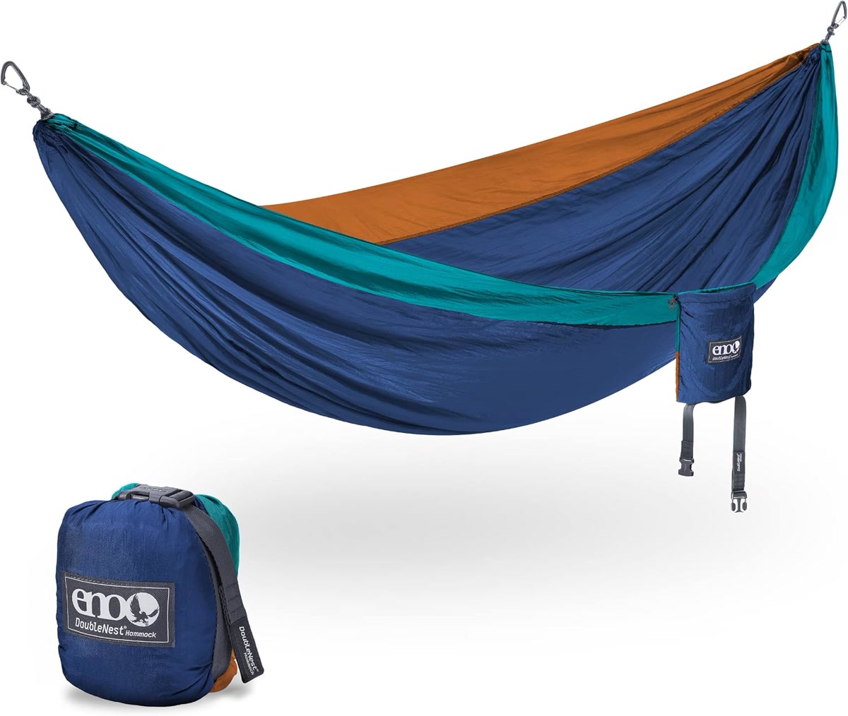 ENO DoubleNest parachute nylon hammock in a forest setting