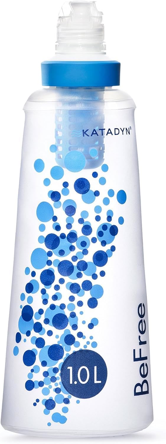 Sawyer Squeeze water filter attached to a flexible water pouch with clear water flowing through