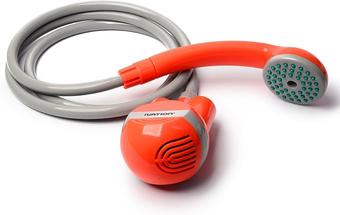 Ivation portable outdoor battery powered shower pump submerged in water bucket