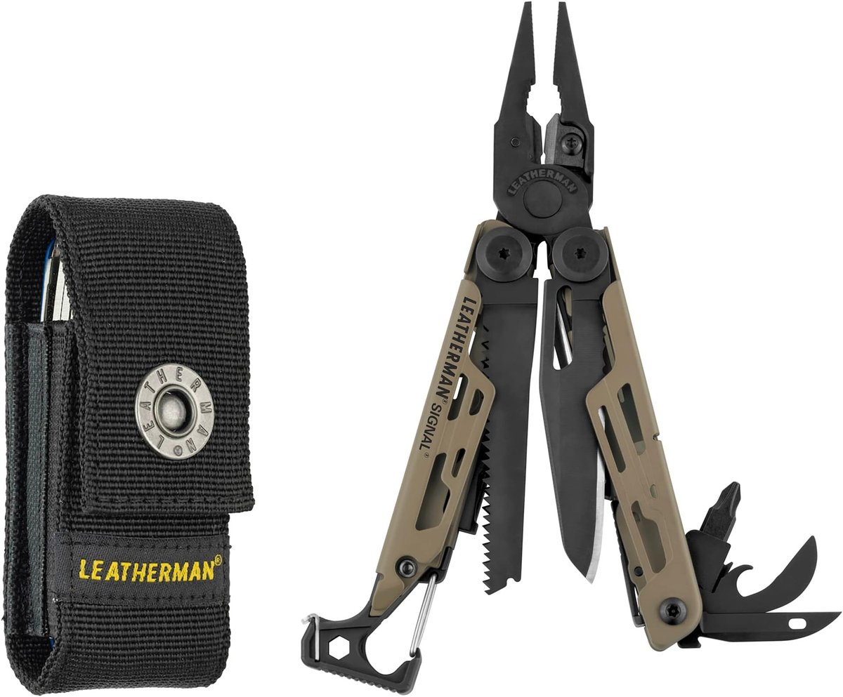 Leatherman Signal multitool with ferro rod deployed on a wooden surface
