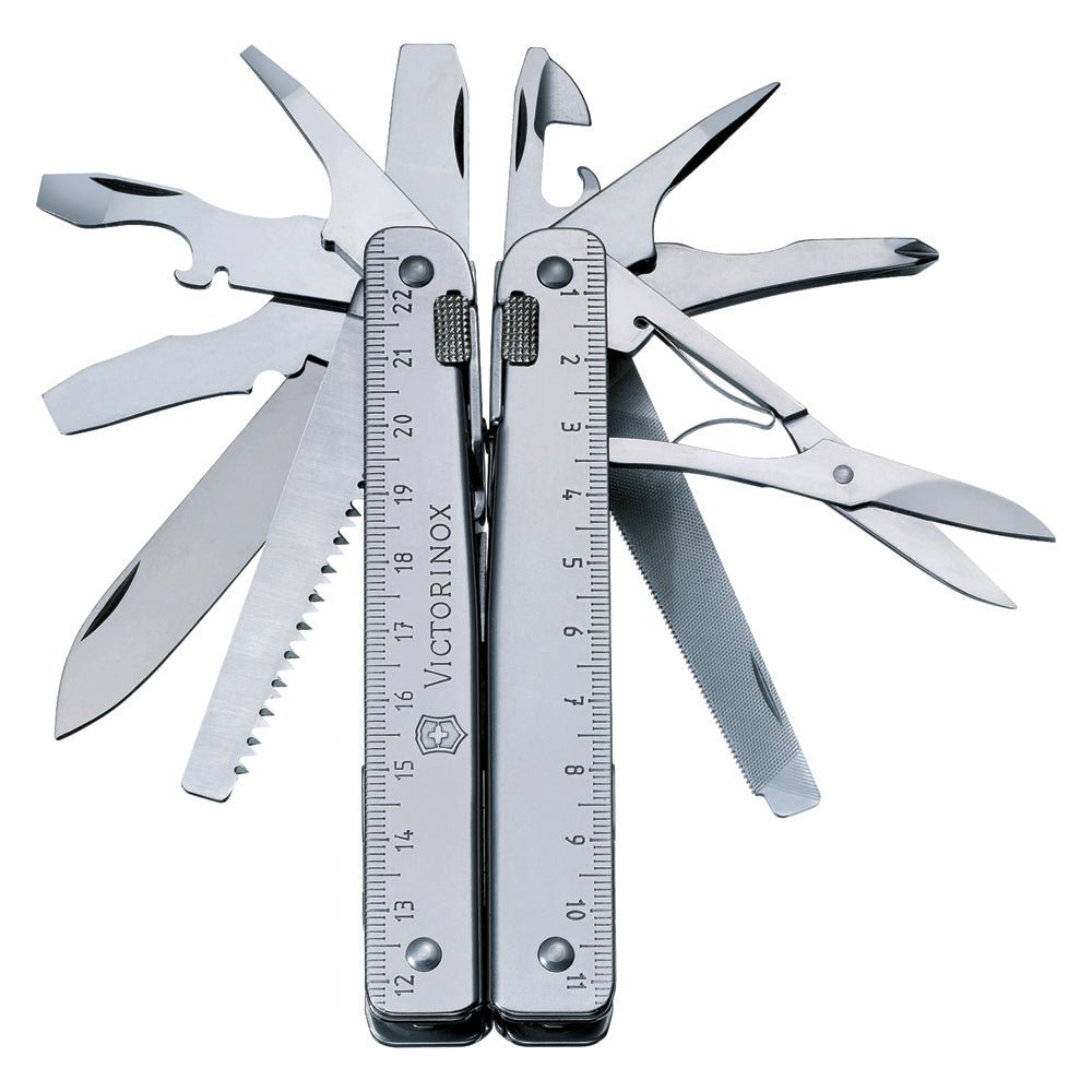 Victorinox SwissTool multitool fully opened showing multiple tool blades