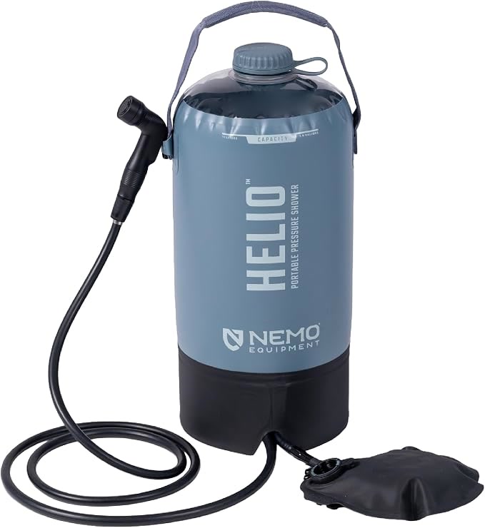 Nemo Helio portable pressure camp shower with built-in foot pump