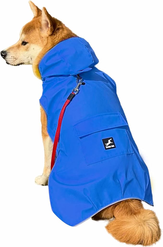 Non-stiff fabric dog raincoat designed for running and hiking with reflective strips